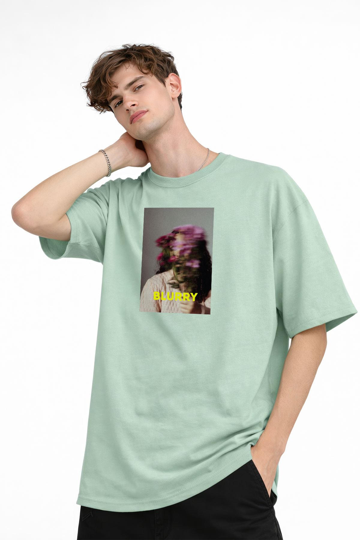 Blurry - Oversize Erkek Tişört SU YESILI - Görsel 3