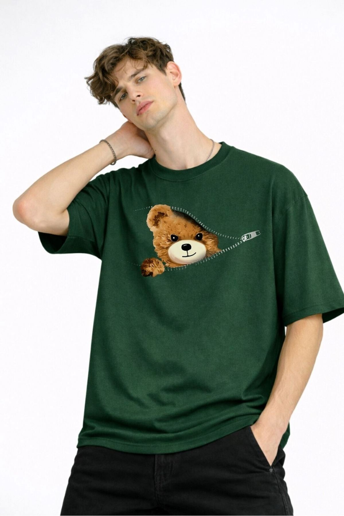 CH - Bear Baskılı Oversize Tişört HAKI - Görsel 3