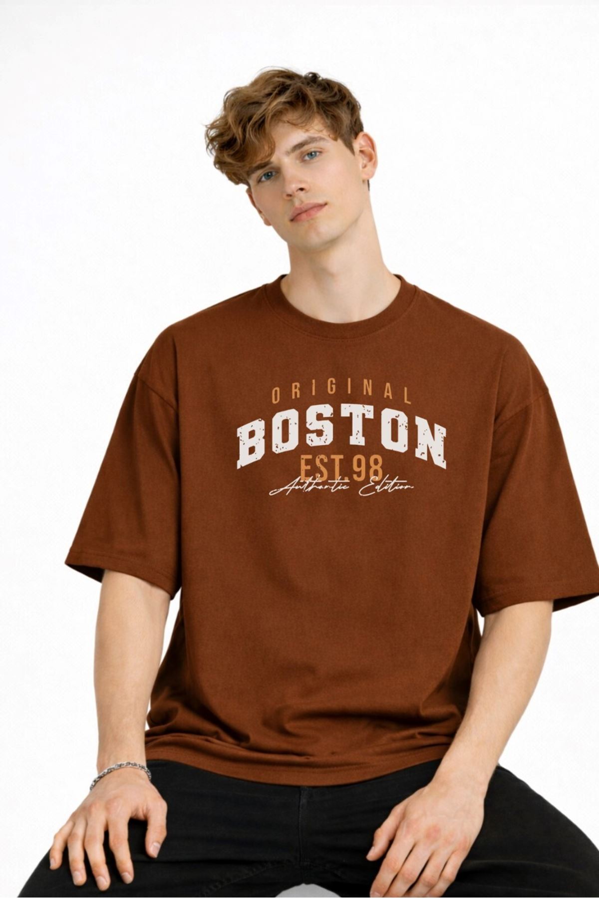 Boston - Baskılı Oversize Tişört KAHVE - Görsel 2