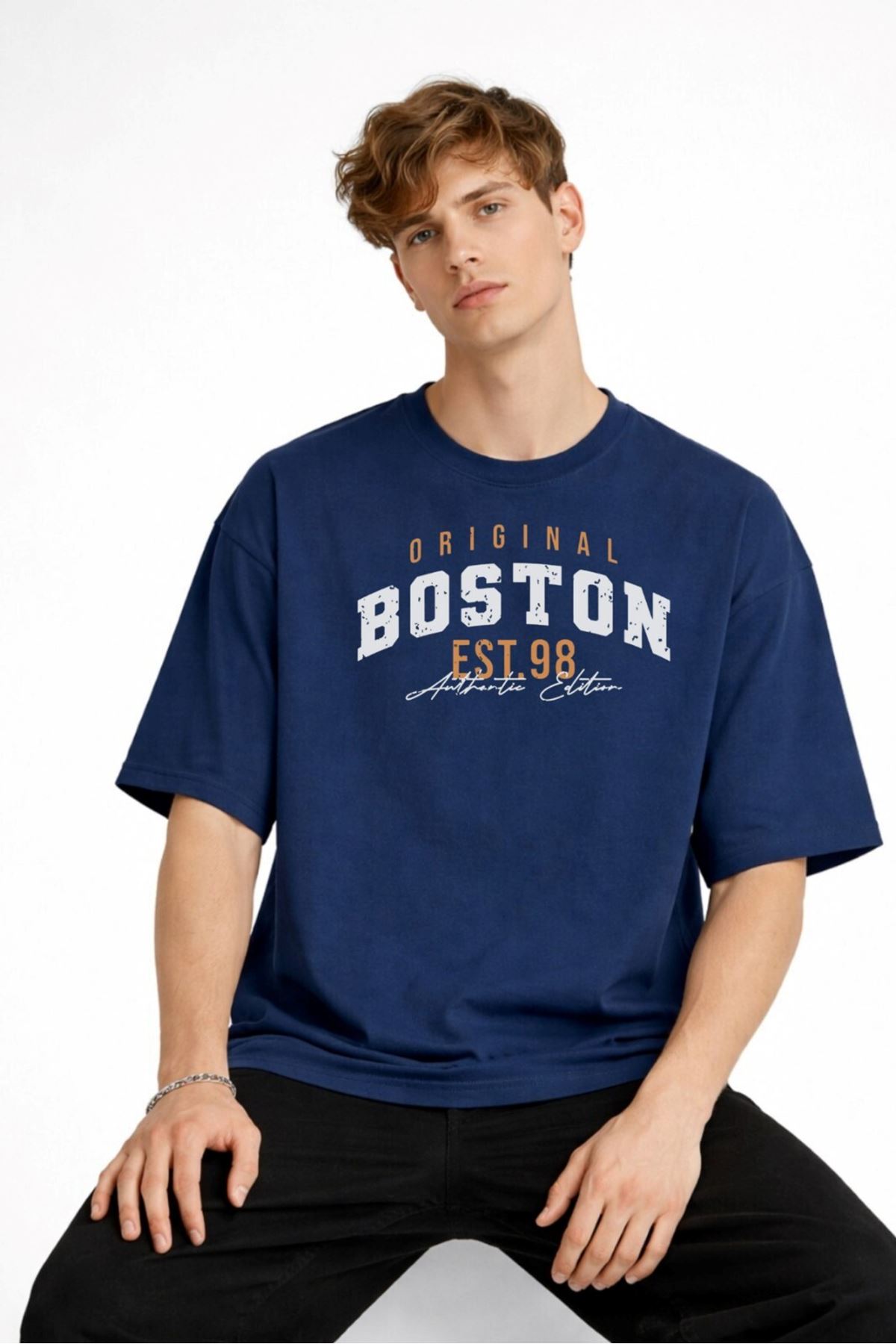 Boston - Baskılı Oversize Tişört LACIVERT - Görsel 3