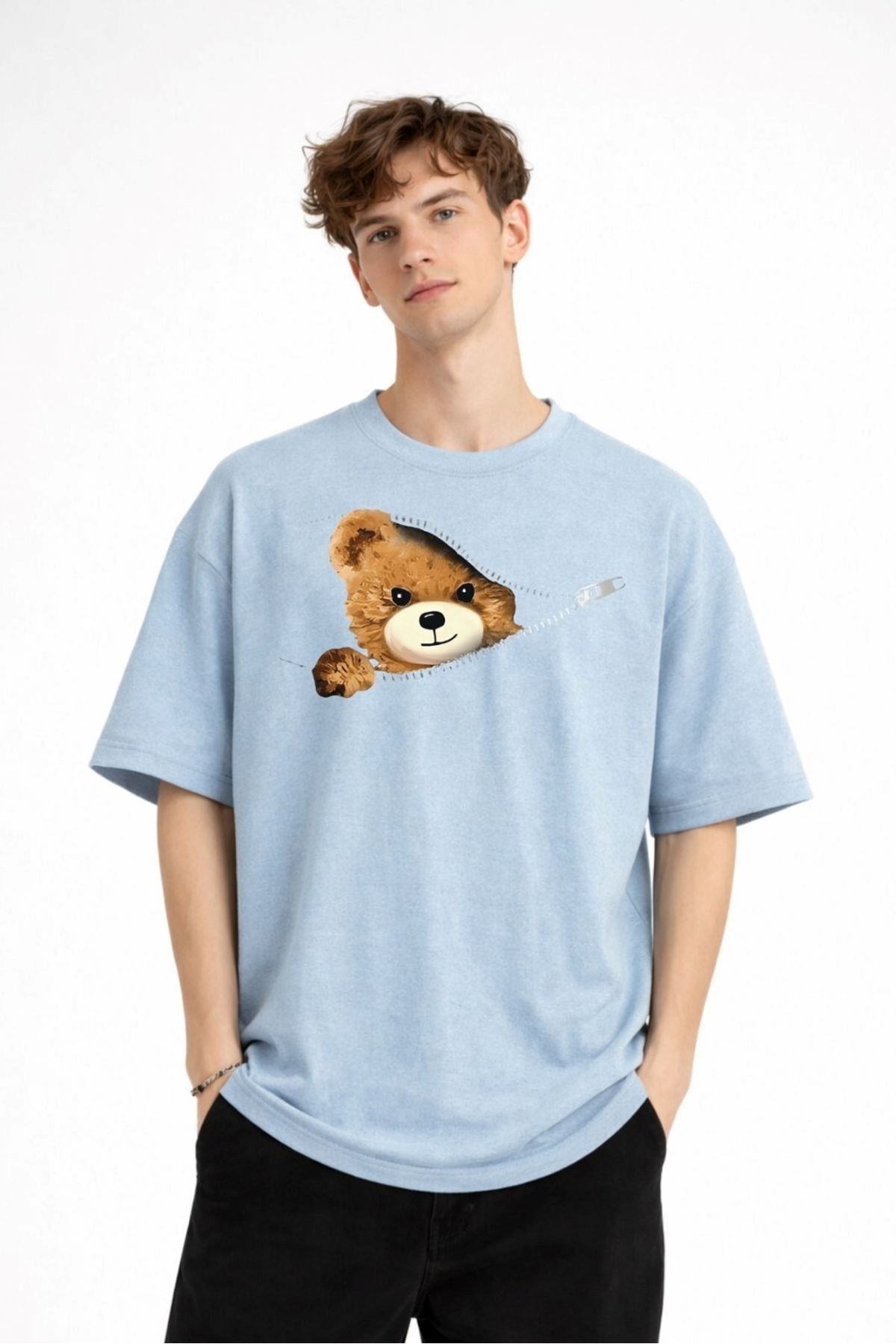 CH - Bear Baskılı Oversize Tişört AÇIK MAVİ - Görsel 2