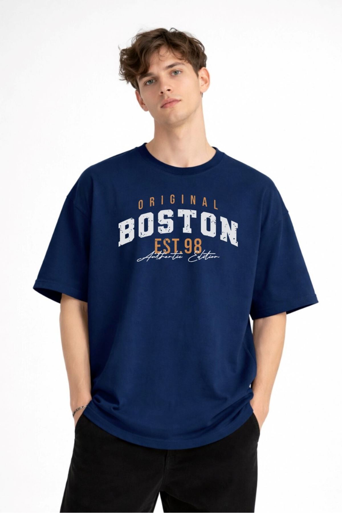 Boston - Baskılı Oversize Tişört LACIVERT - Görsel 4