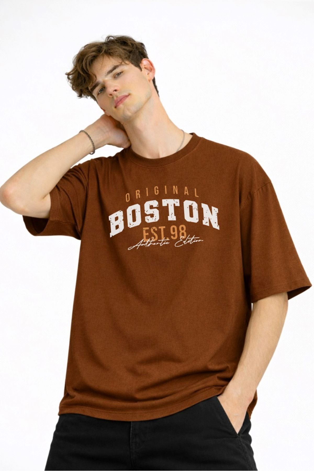 Boston - Baskılı Oversize Tişört KAHVE - Görsel 3