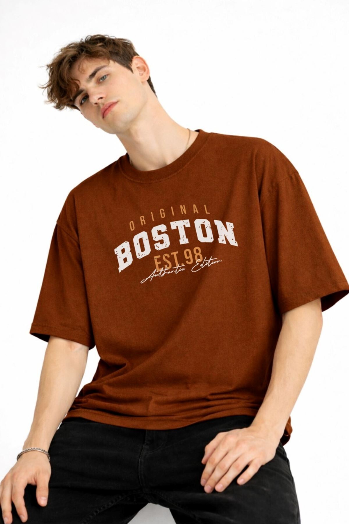 Boston - Baskılı Oversize Tişört KAHVE - Görsel 4