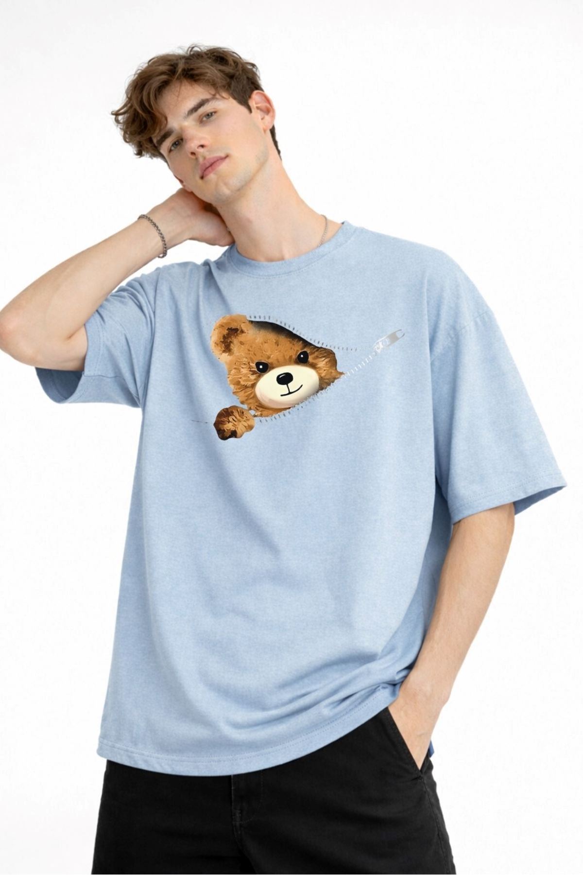 CH - Bear Baskılı Oversize Tişört AÇIK MAVİ - Görsel 4
