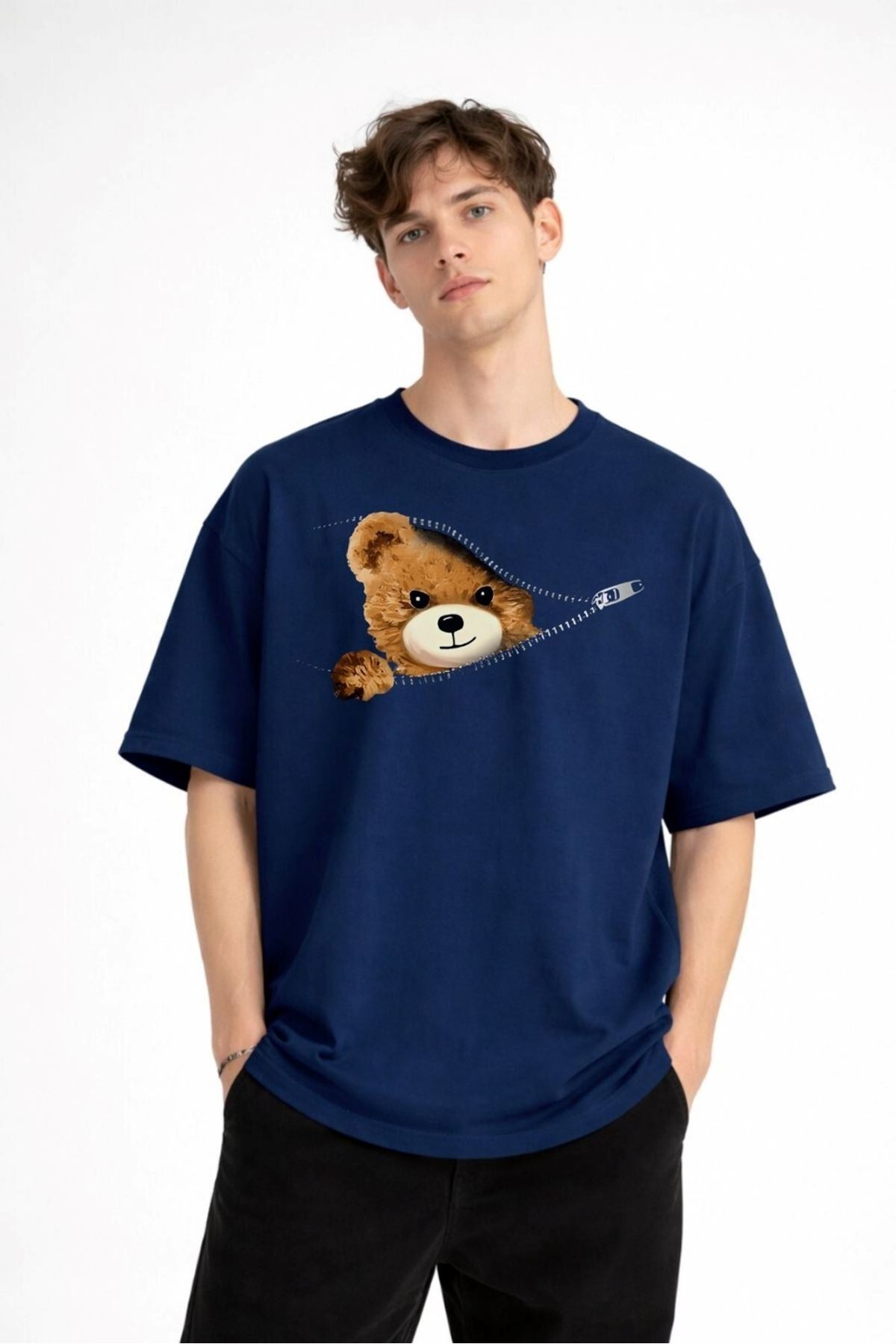 CH - Bear Baskılı Oversize Tişört LACIVERT - Görsel 2