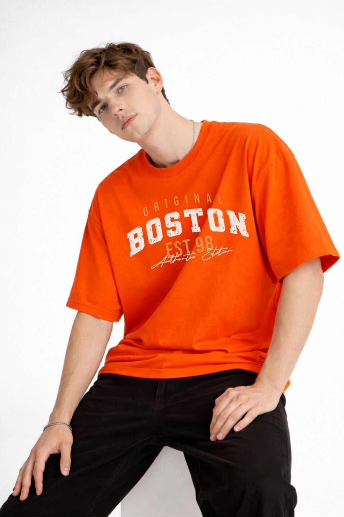 Boston - Baskılı Oversize Tişört TURUNCU - Görsel 3