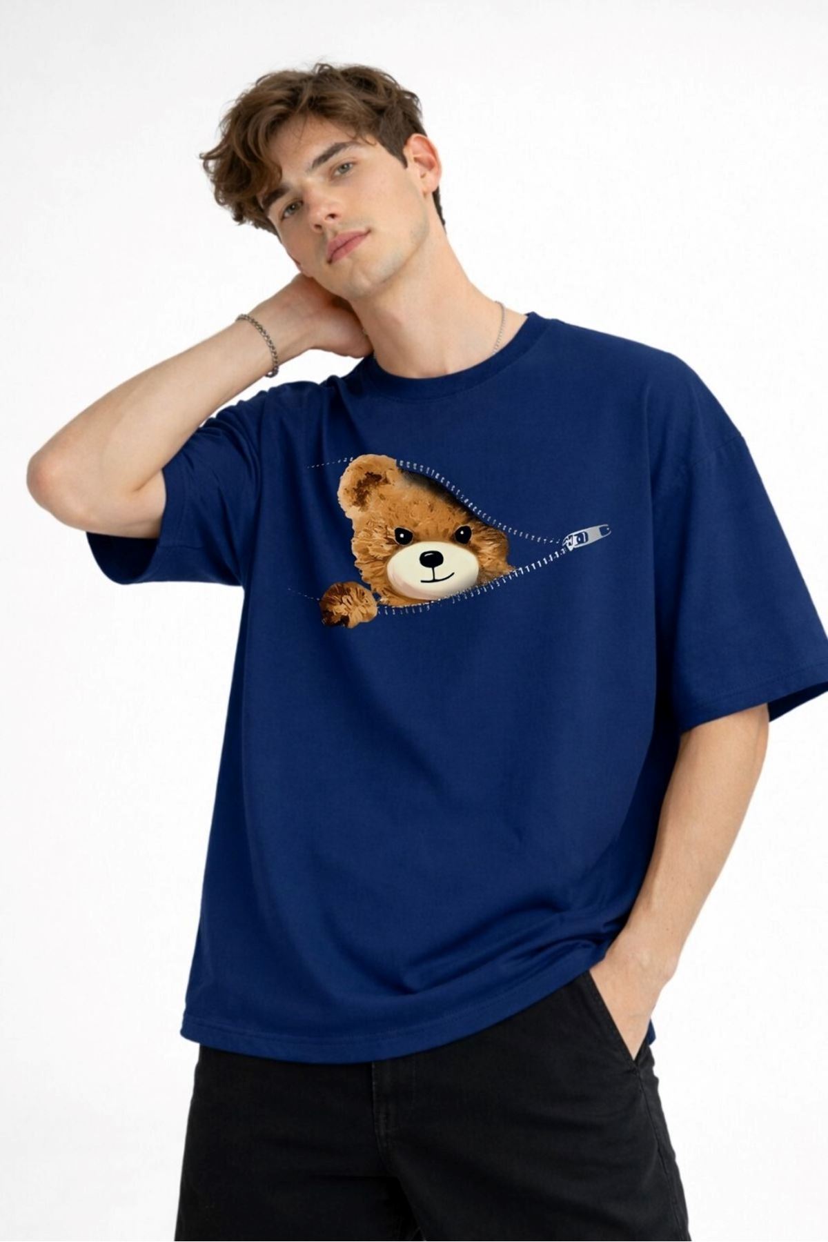CH - Bear Baskılı Oversize Tişört LACIVERT - Görsel 3