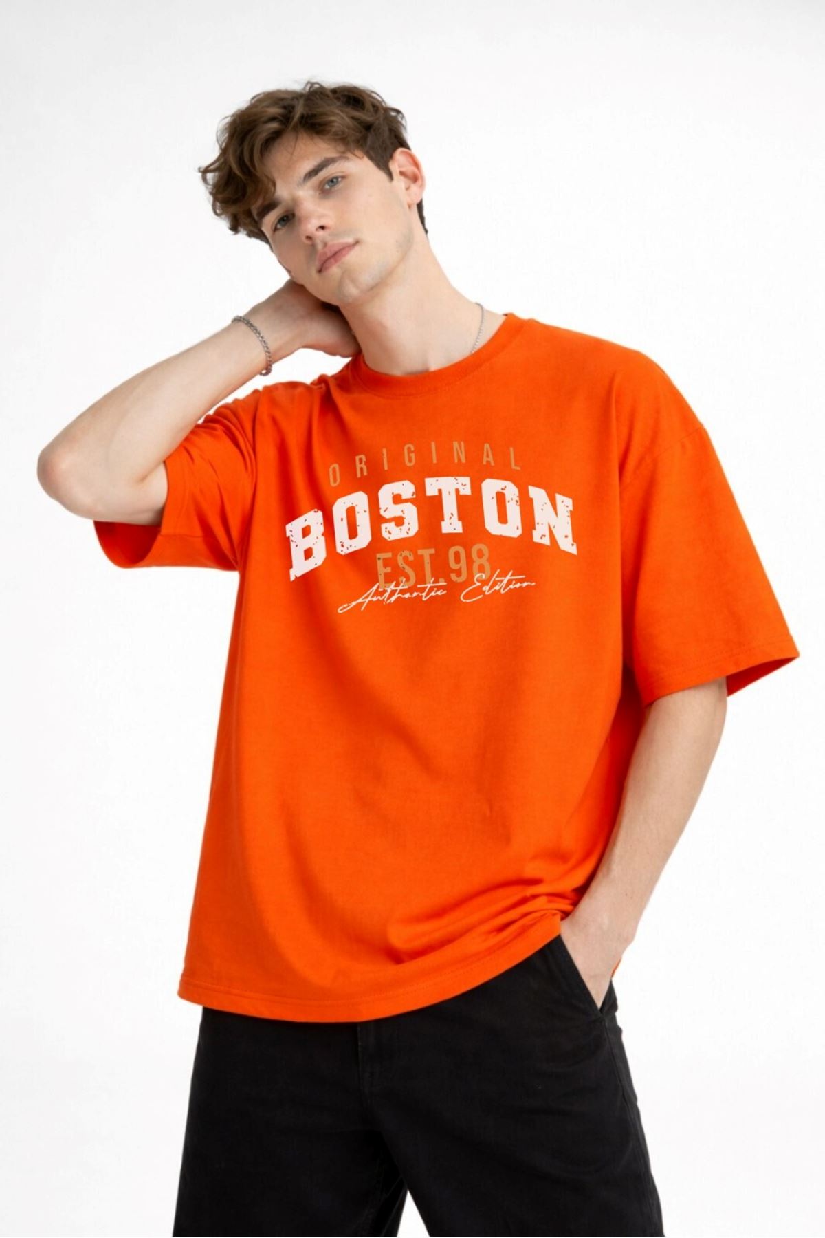 Boston - Baskılı Oversize Tişört TURUNCU - Görsel 4
