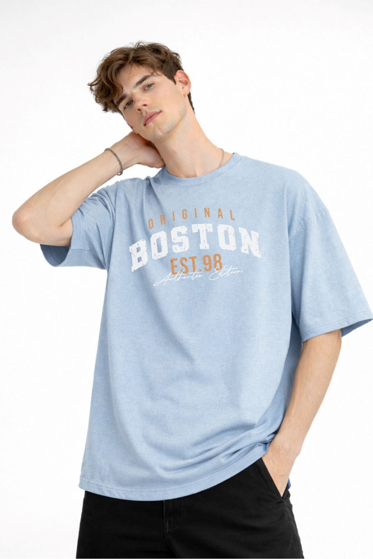 Boston - Baskılı Oversize Tişört AÇIK MAVİ - Görsel 2