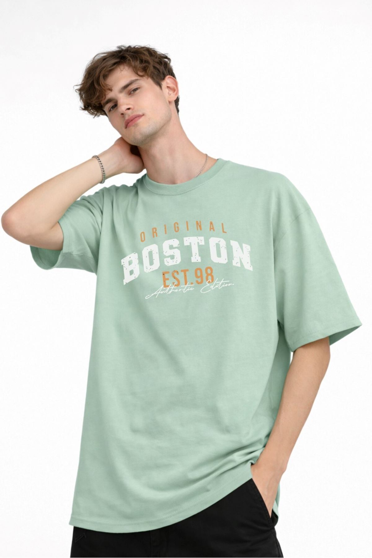 Boston - Baskılı Oversize Tişört SU YESILI - Görsel 3