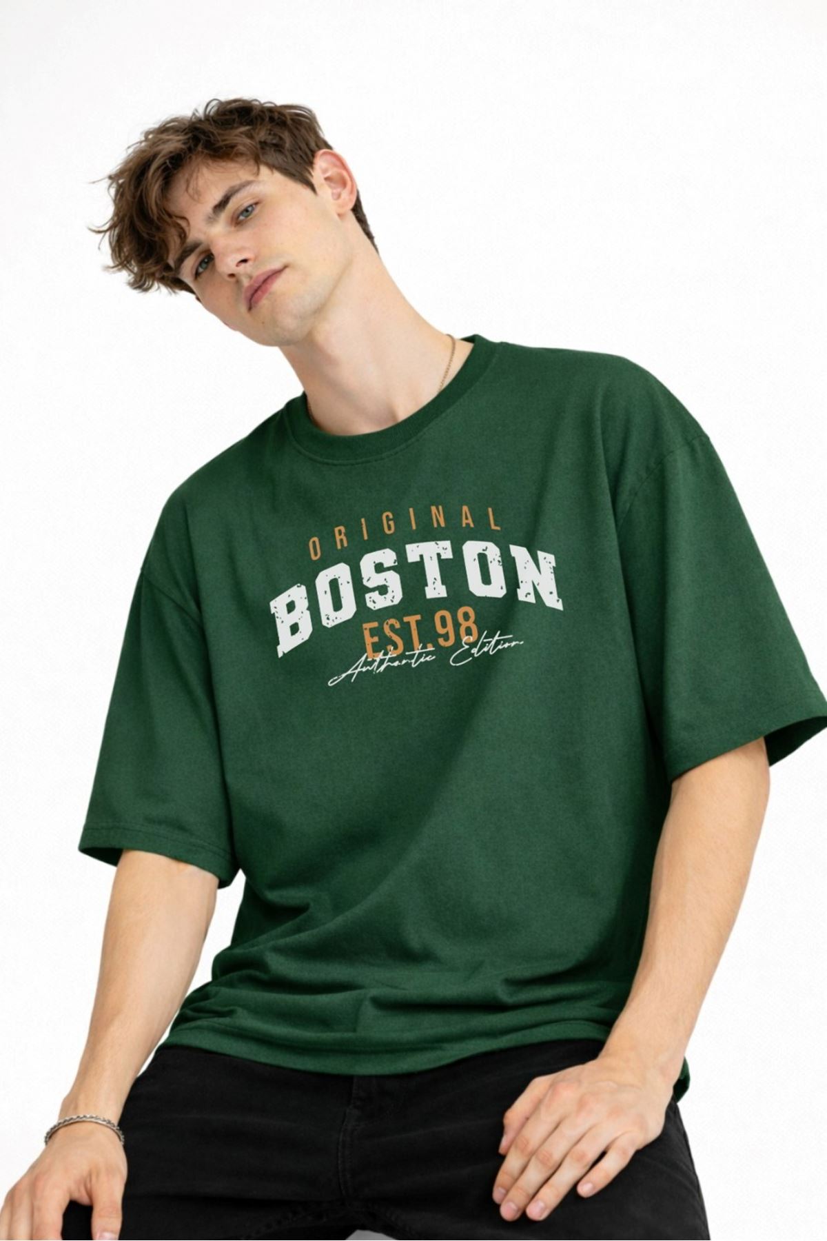 Boston - Baskılı Oversize Tişört HAKI - Görsel 2