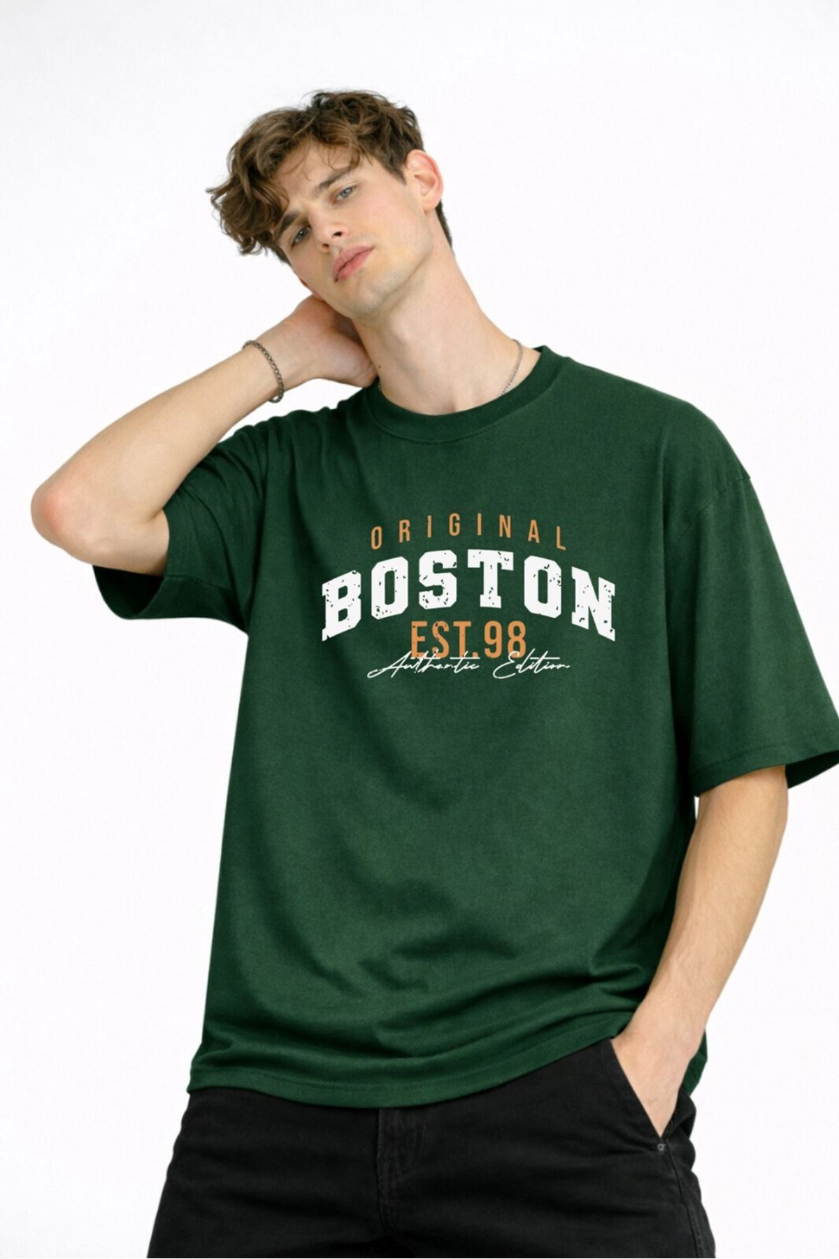 Boston - Baskılı Oversize Tişört HAKI - Görsel 3