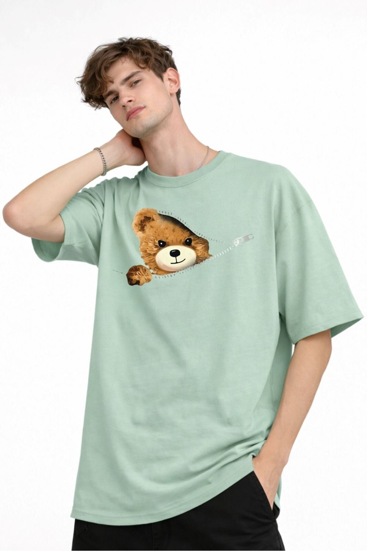 CH - Bear Baskılı Oversize Tişört SU YESILI - Görsel 2