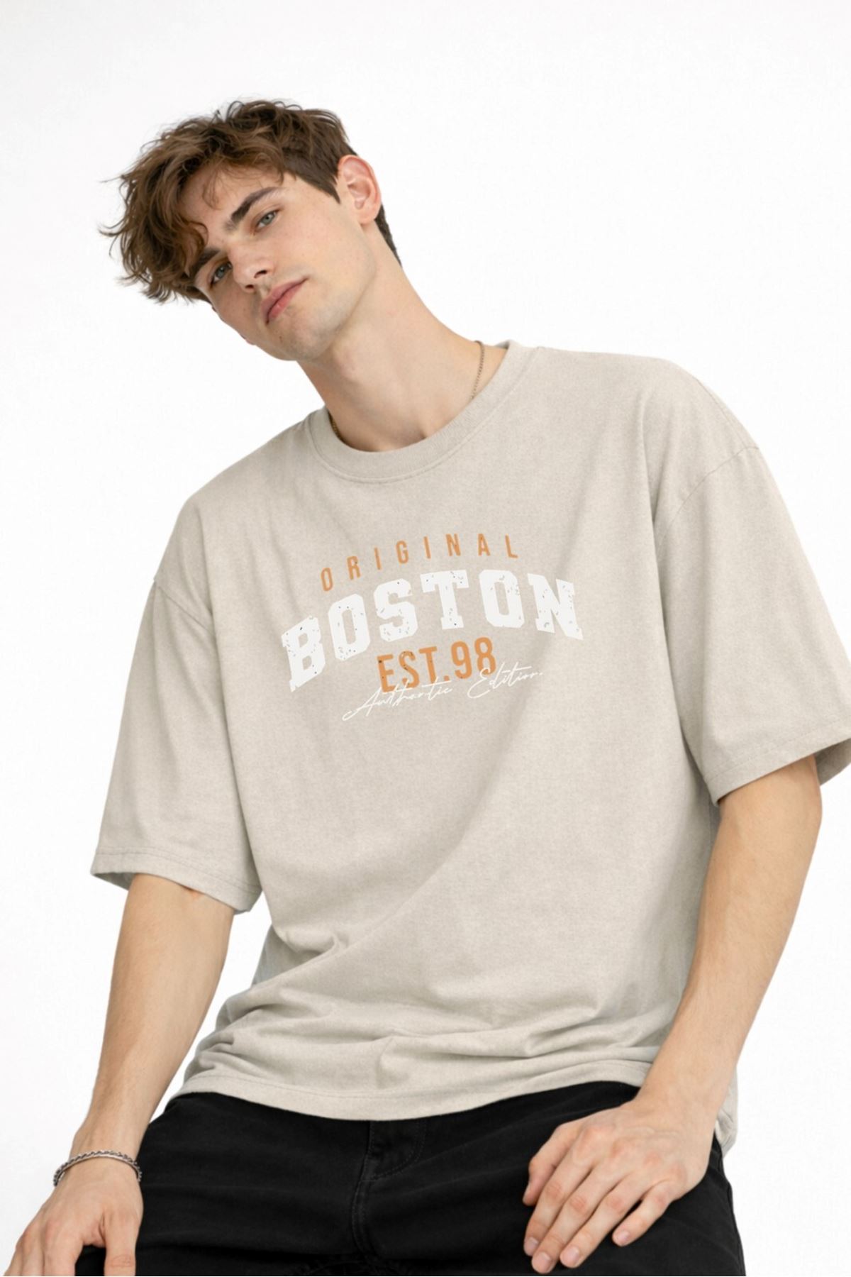 Boston - Baskılı Oversize Tişört BEJ - Görsel 2