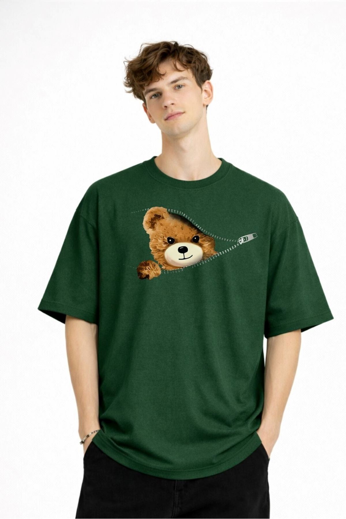 CH - Bear Baskılı Oversize Tişört HAKI - Görsel 2