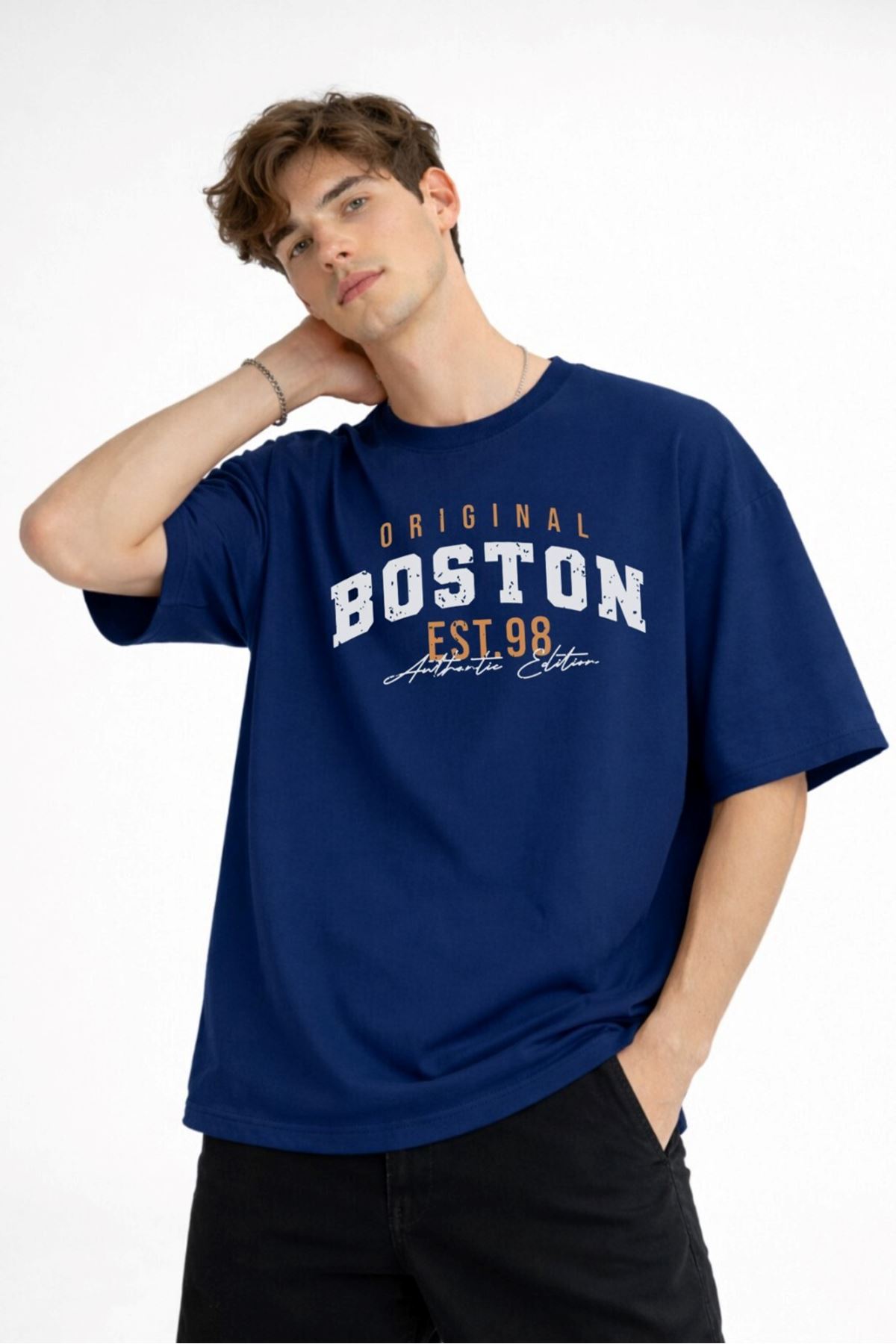 Boston - Baskılı Oversize Tişört LACIVERT - Görsel 2