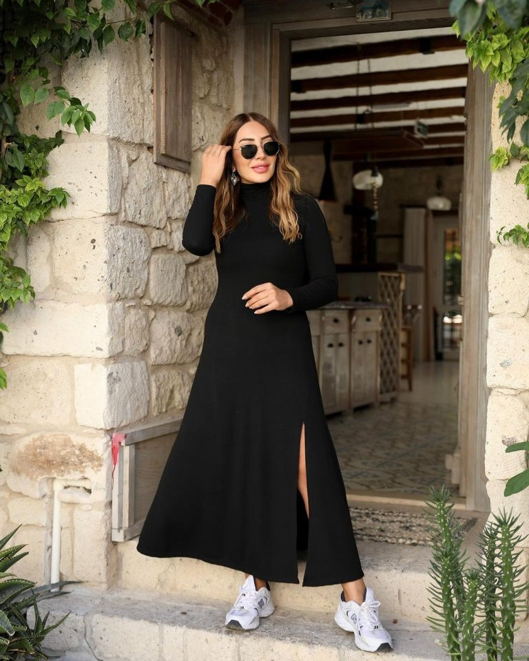 Kadın Uzun Kollu Balıkçı Yaka Derin Yırtmaç Detay Krep Elbise 120 Cm - Görsel 9