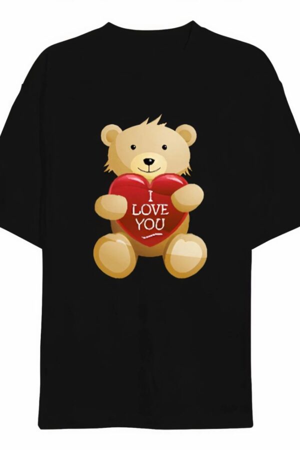 14 Şubat Sevgililer Günü I Love You Ayı Baskılı Oversize Bisiklet Yaka T-shirt - Siyah
