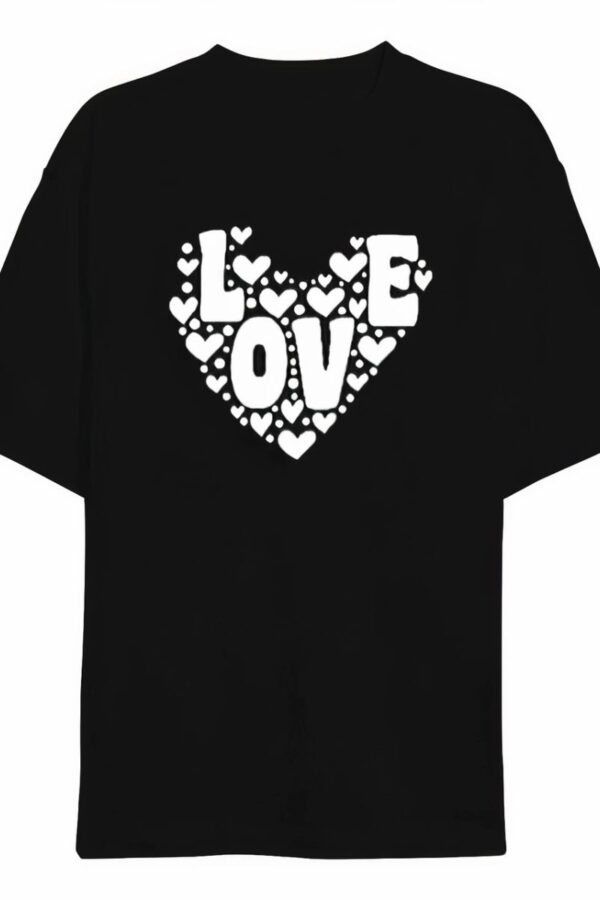 14 Şubat Sevgililer Günü Love Kalp Baskılı Oversize Bisiklet Yaka T-shirt - Siyah
