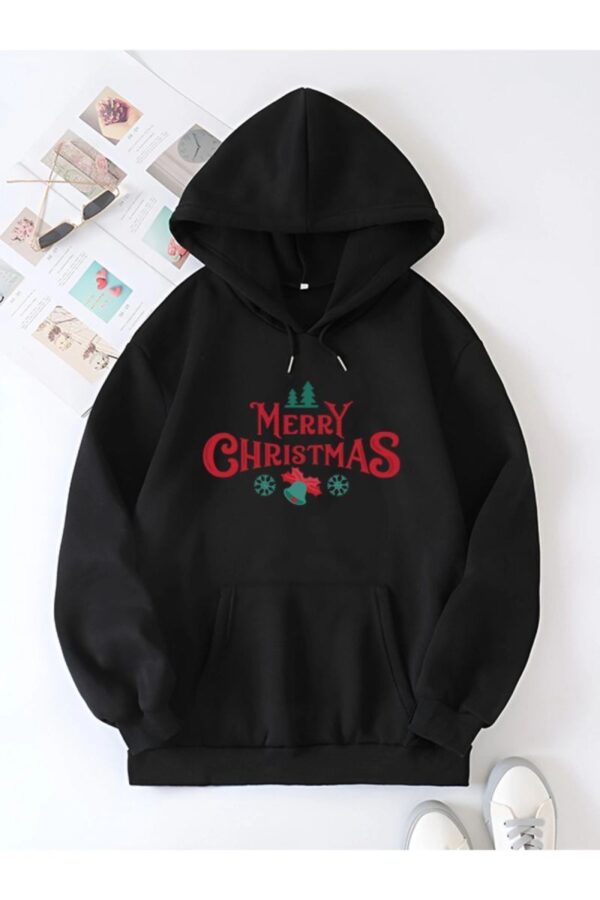 Yılbaşı Merry Christmas Baskılı Oversize Kapüşonlu Sweatshirt Hoodie - Siyah