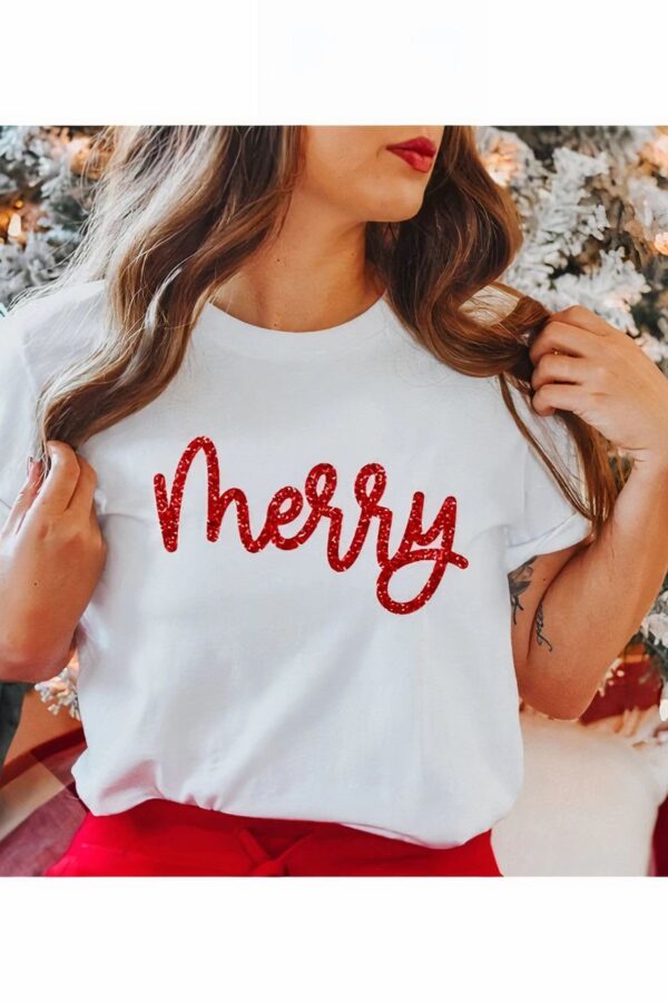 Yılbaşı Merry Christmas Baskılı Kısa Kollu Oversize Bisiklet Yaka T-shirt - Beyaz
