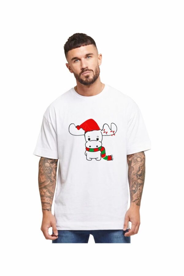 Yılbaşı Noel Ren Geyiği Baskılı Kısa Kollu Oversize Bisiklet Yaka T-shirt - Beyaz