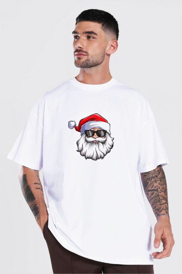 Yılbaşı Gözlüklü Noel Baba Baskılı Kısa Kollu Oversize Bisiklet Yaka T-shirt - Beyaz