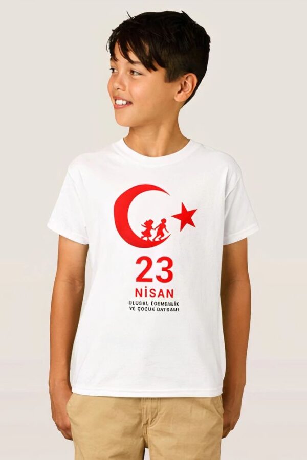 Çocuk 23 Nisan Ulusal Egemenlik ve Çocuk Bayramı Baskılı Bisiklet Yaka T-shirt - Beyaz