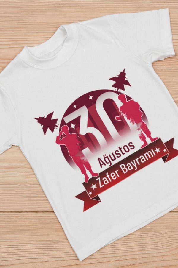 Ağustos Zafer Bayramı Atatürk Baskılı Kısa Kollu Bisiklet Yaka T-shirt - Beyaz