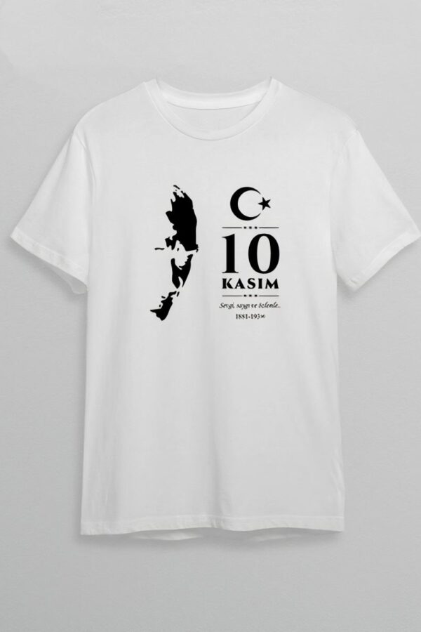 10 Kasım Atatürk Anma Günü Silüet Baskılı Oversize Bisiklet Yaka T-shirt - Beyaz