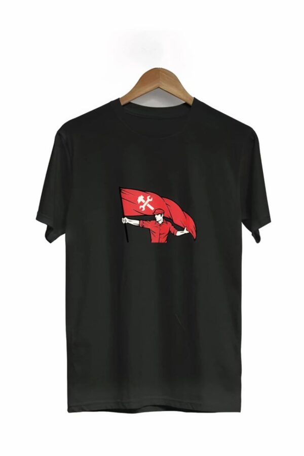 1 Mayıs Emek ve Dayanışma Bayraklı Emekçi Baskılı Bisiklet Yaka T-shirt - Siyah