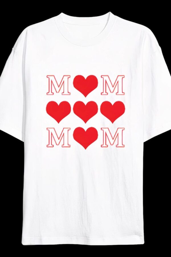 Anneler Günü Hediye MOM Kalp Baskılı Oversize Bisiklet Yaka T-shirt - Beyaz