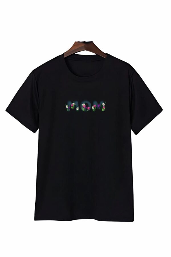 Anneler Günü Mom Çiçek Temalı Baskılı Oversize Bisiklet Yaka T-shirt - Siyah