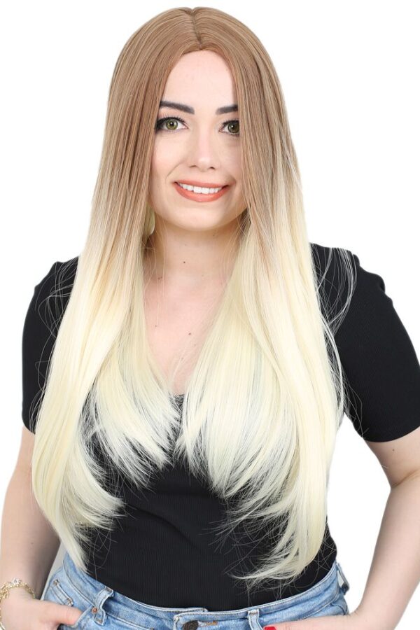 Fiber Sen Uzun Düz Peruk / Balköpüğü / Platin Ombreli