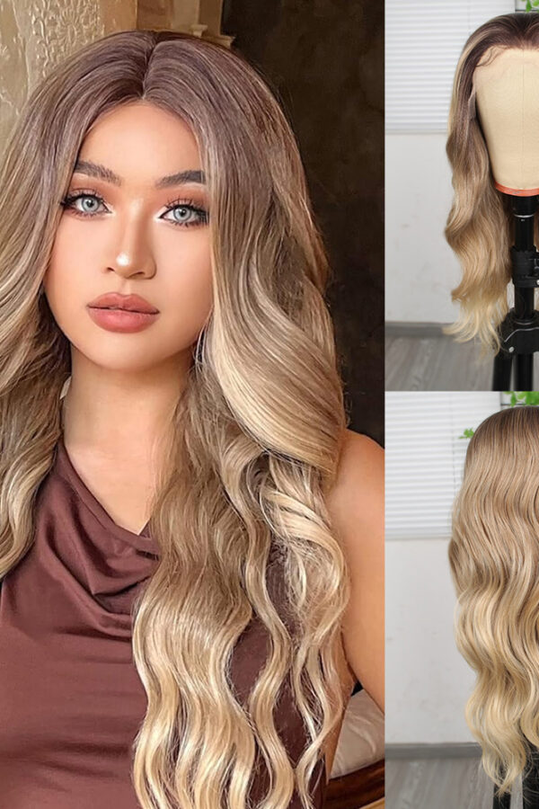 Kumral Dore Sarı Ombre  ve Röfleli Fiber Sen Geniş Daalı Tül Peruk