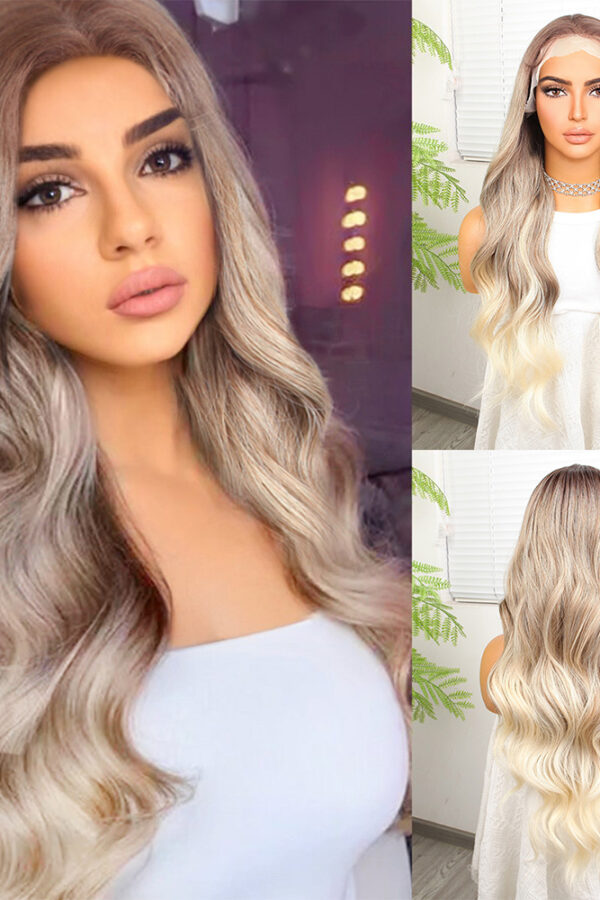 Kumral Platin Ombre  ve Röfleli Fiber Sen Geniş Daalı Tül Peruk