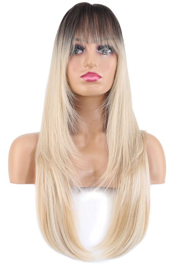 Katlı Kesim Perçemli Düz Fiber Sen Uzun Boy Peruk /  / Platin Ombre ve Röfleli