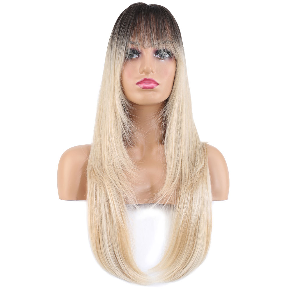 Katlı Kesim Perçemli Düz Fiber Sen Uzun Boy Peruk / / Platin Ombre ve Röfleli
