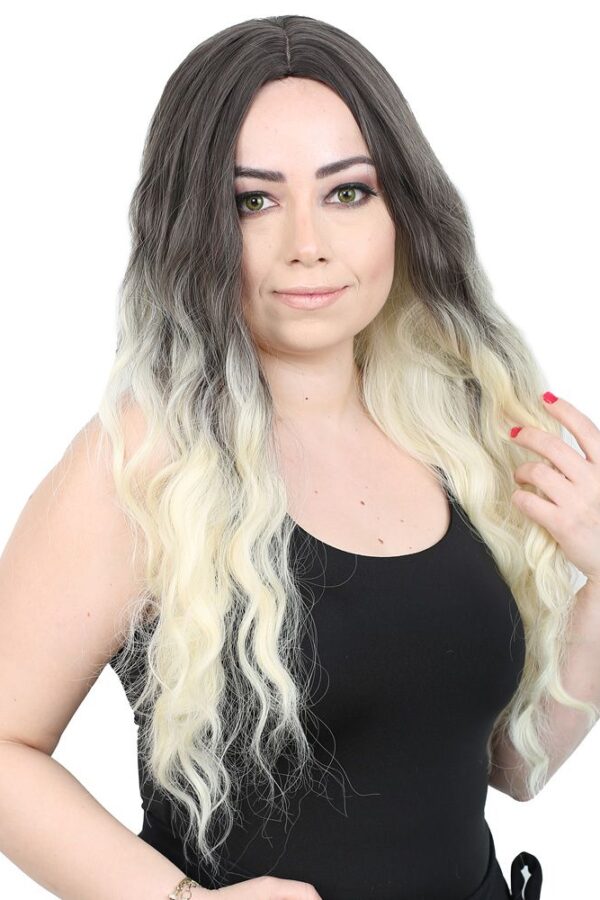 Su Daası Uzun Perçemsiz Fiber Sen Peruk / Küllü Siyah / Platin Ombreli