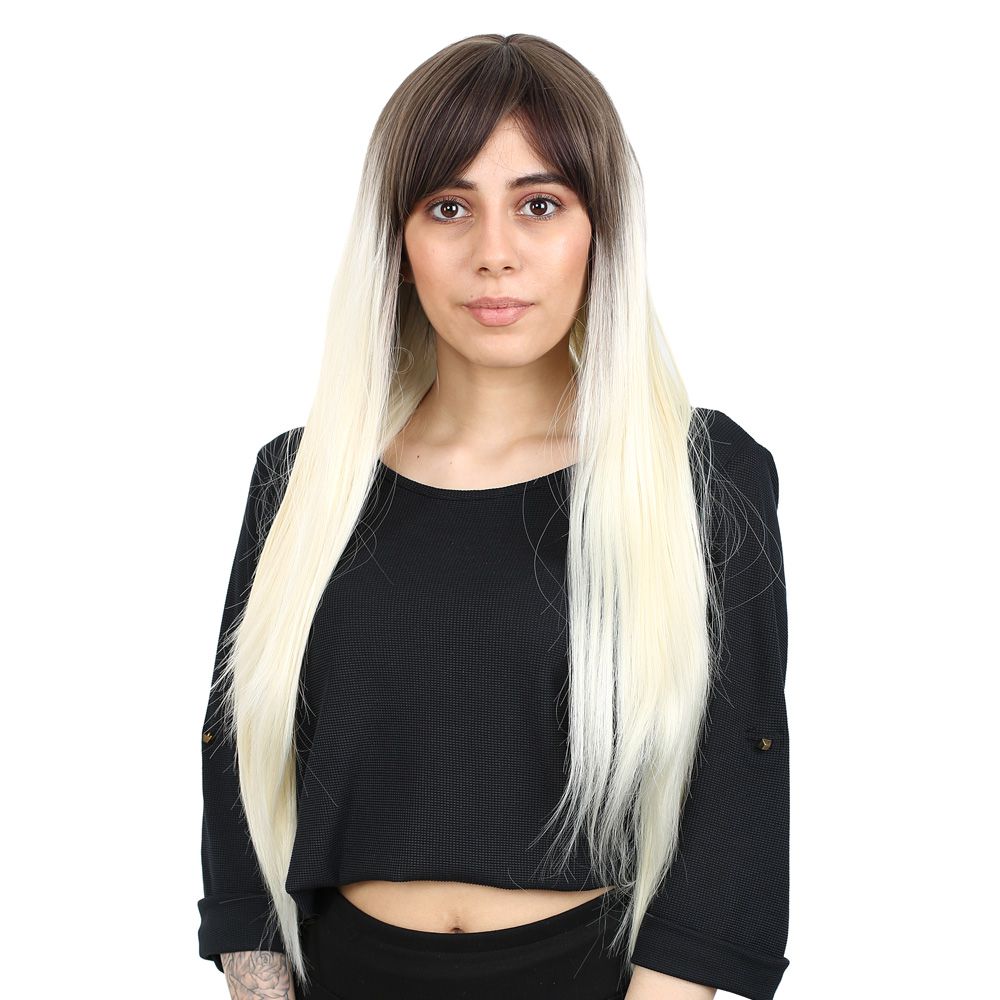 Fiber Sen Uzun Düz Kahküllü Peruk / Küllü Açık / Platin Ombreli - Görsel 2