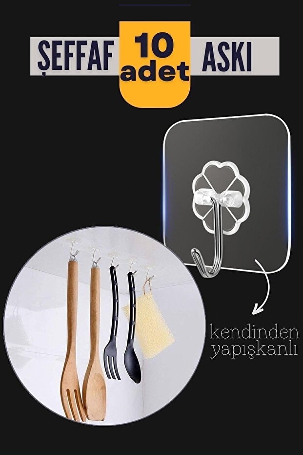 10'lu Şeffaf Kendinden Yapışkanlı Güçlü Askı sı, Banyo Organizer, İz Bırakmaz Pratik Askı