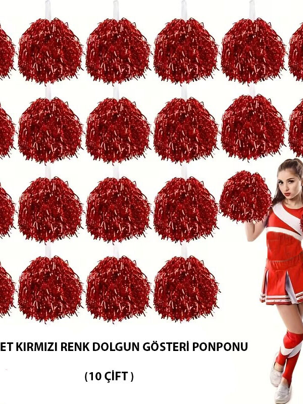 10 Çift ( 20 Adet ) Kırmızı Renk 23 Nisan 19 Mayıs 29 Ekim Okul Gösteri Ponponları