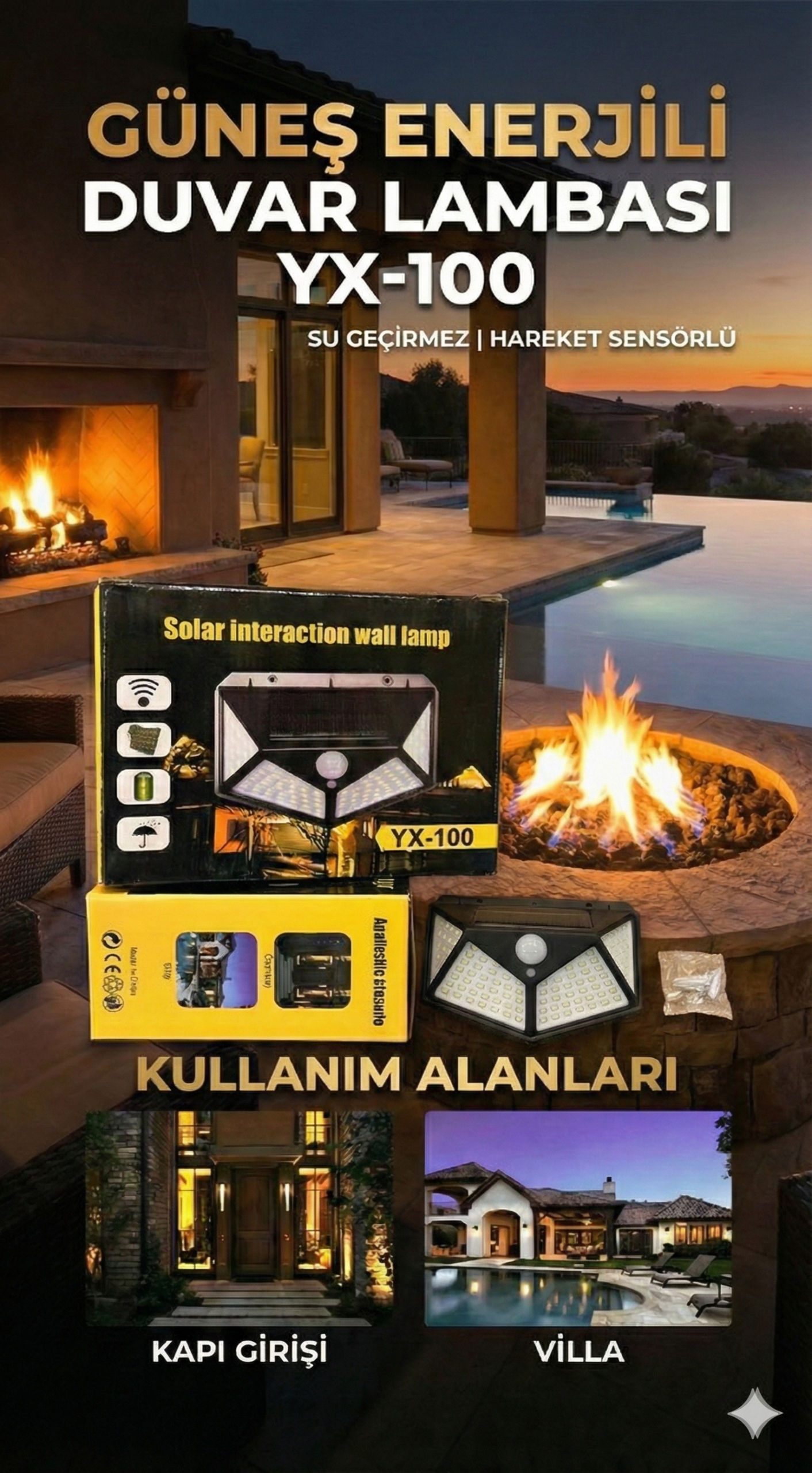 100 Led DIŞ Mekan Solar Aydınlatma Fotoselli Solar Lamba Hareket Sensörlü - Görsel 2