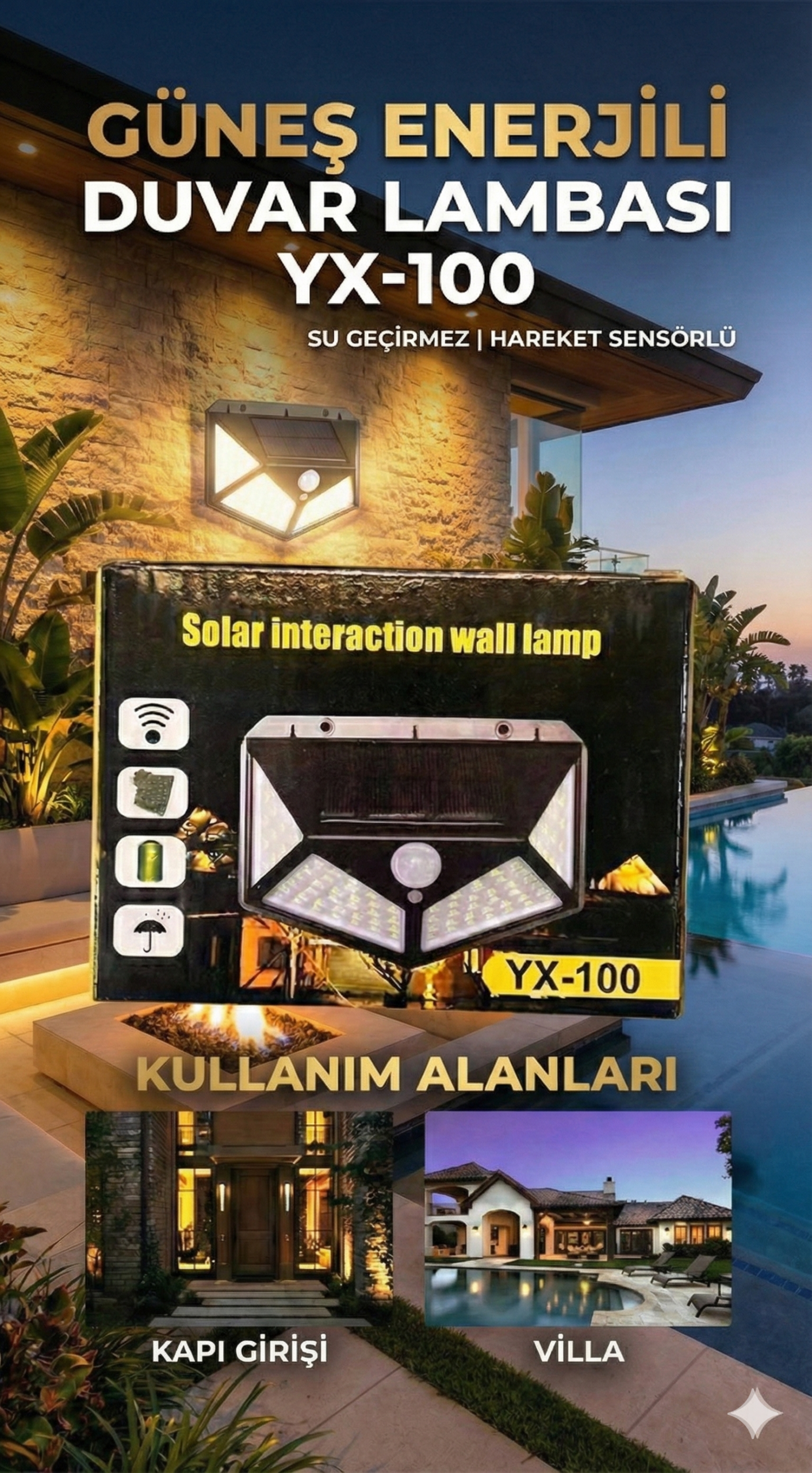 100 Led DIŞ Mekan Solar Aydınlatma Fotoselli Solar Lamba Hareket Sensörlü - Görsel 3