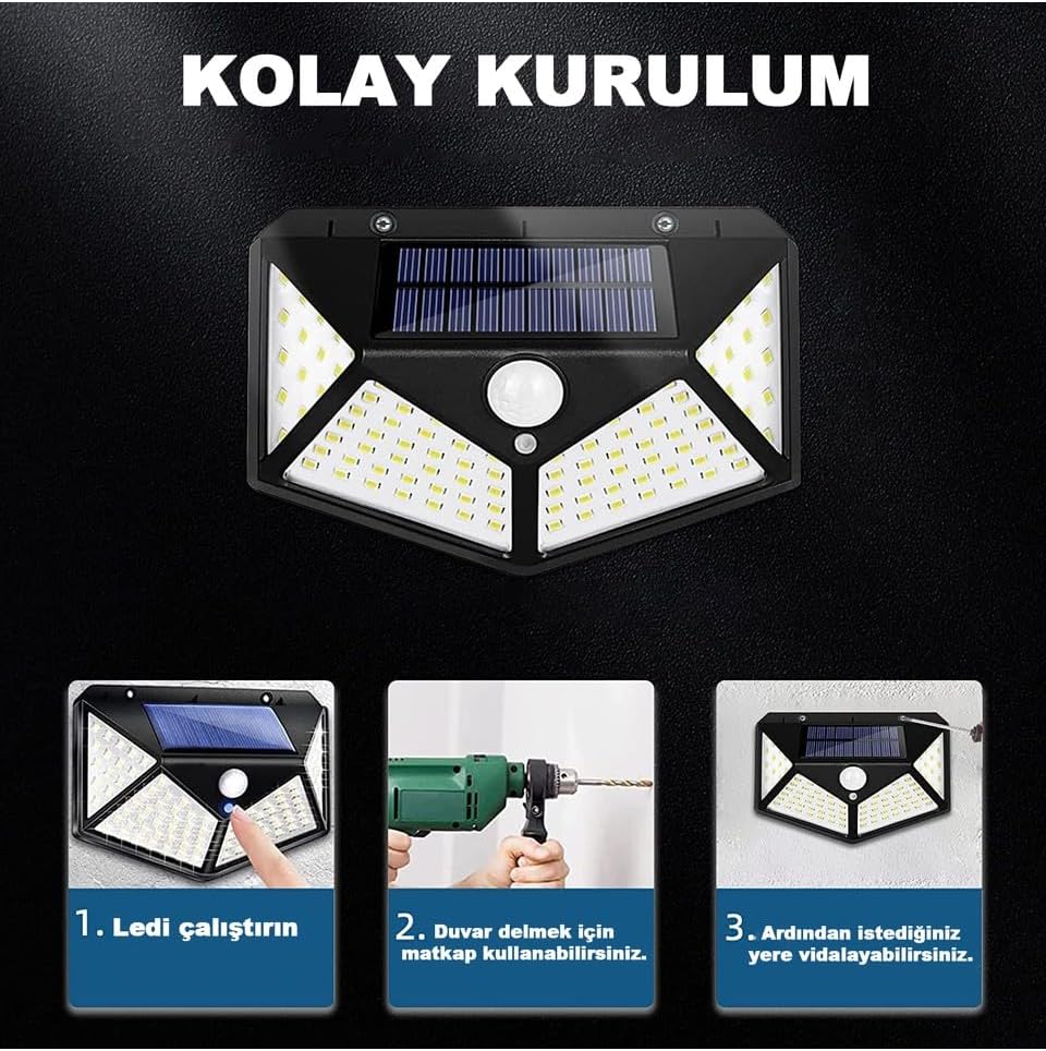 100 Led DIŞ Mekan Solar Aydınlatma Fotoselli Solar Lamba Hareket Sensörlü - Görsel 4