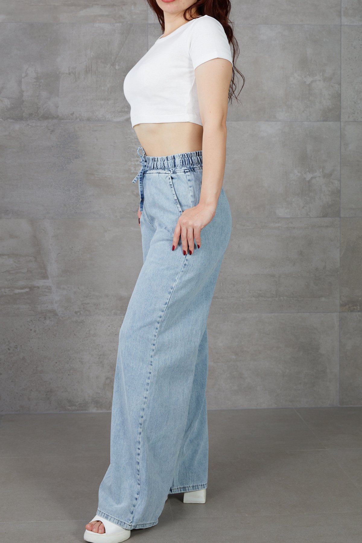Kadın Beli Lastikli Rahat Kesim Kot Pantolon - Görsel 6