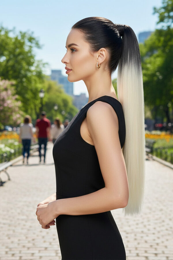 Lastik Tokalı At Kuyruğu Düz / Siyah / Platin Ombre