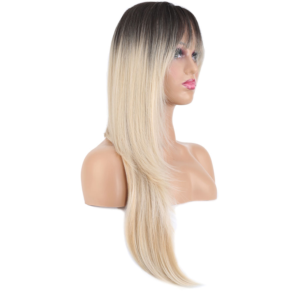 Katlı Kesim Perçemli Düz Fiber Sen Uzun Boy Peruk / / Platin Ombre ve Röfleli - Görsel 2