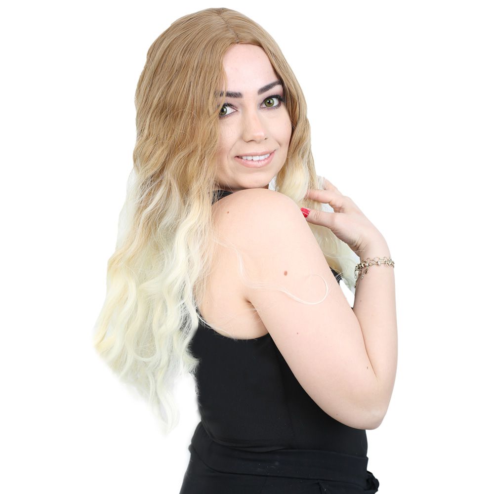 Su Daası Uzun Perçemsiz Fiber Sen Peruk / Balköpüğü / Platin Orta Ombreli - Görsel 2